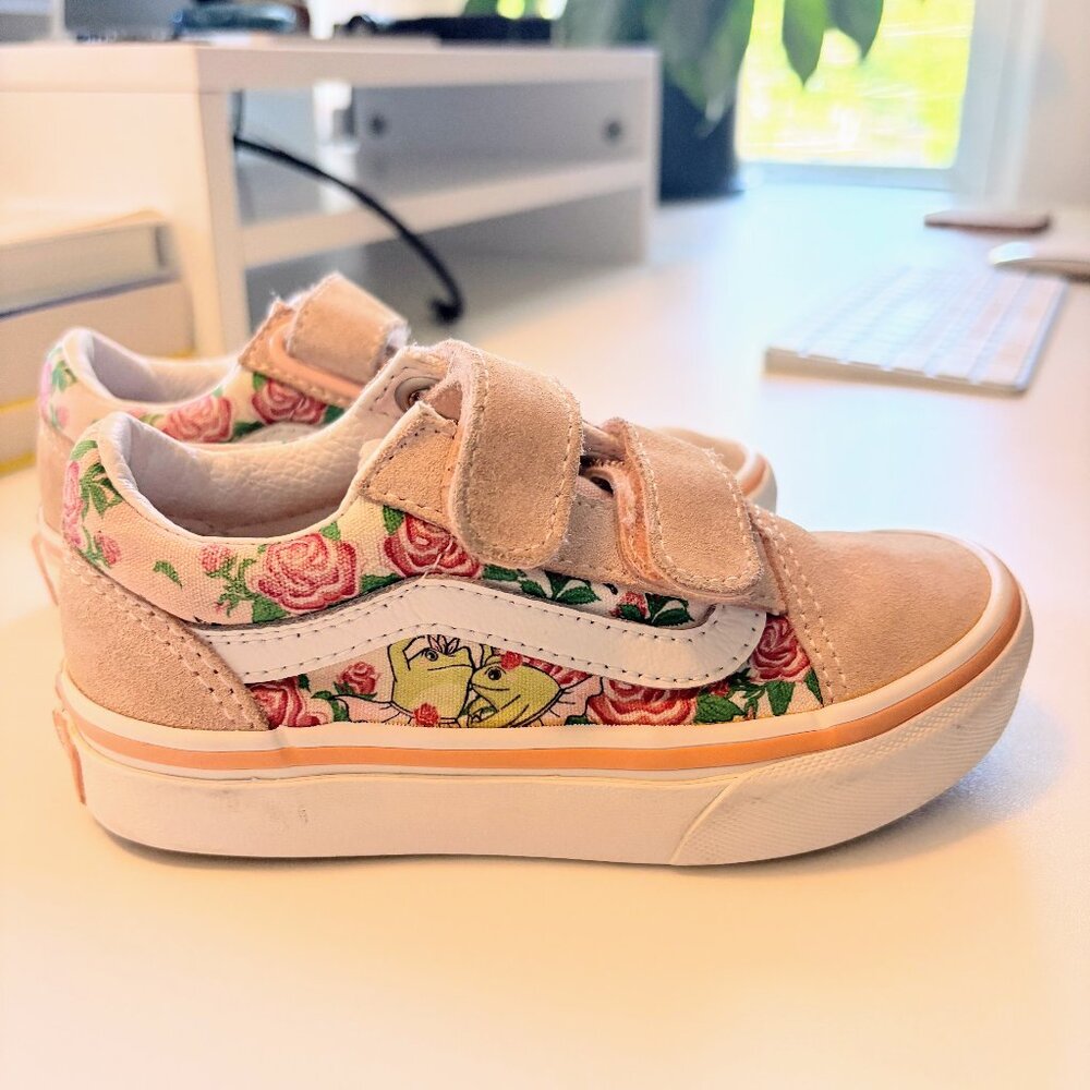 Vans pink and floral/frog shoes, kids 10.5